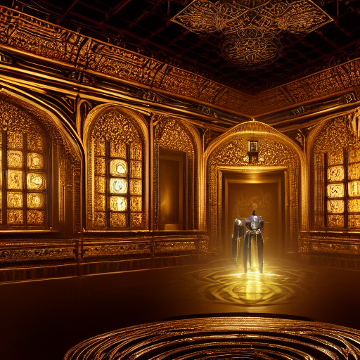 Robbie and Ticktock, their metallic bodies glistening with sweat, stand at the entrance of a magnificent chamber, adorned with intricate clockwork designs, menacing shadows dancing on the walls, as the soft glow emanating from the chamber's center beckons them towards the final showdown.